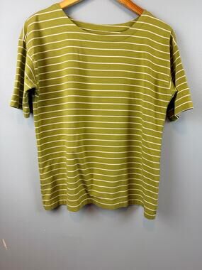 J.Jill Luxe Supima Cotton Elbow Sleeve Tee Chartruese Green Stripe Small